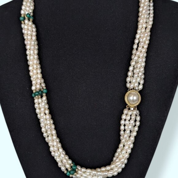 Vintage 6-Strand Freshwater Pearl & Malachite Torsade Necklace - Picture 4 of 6